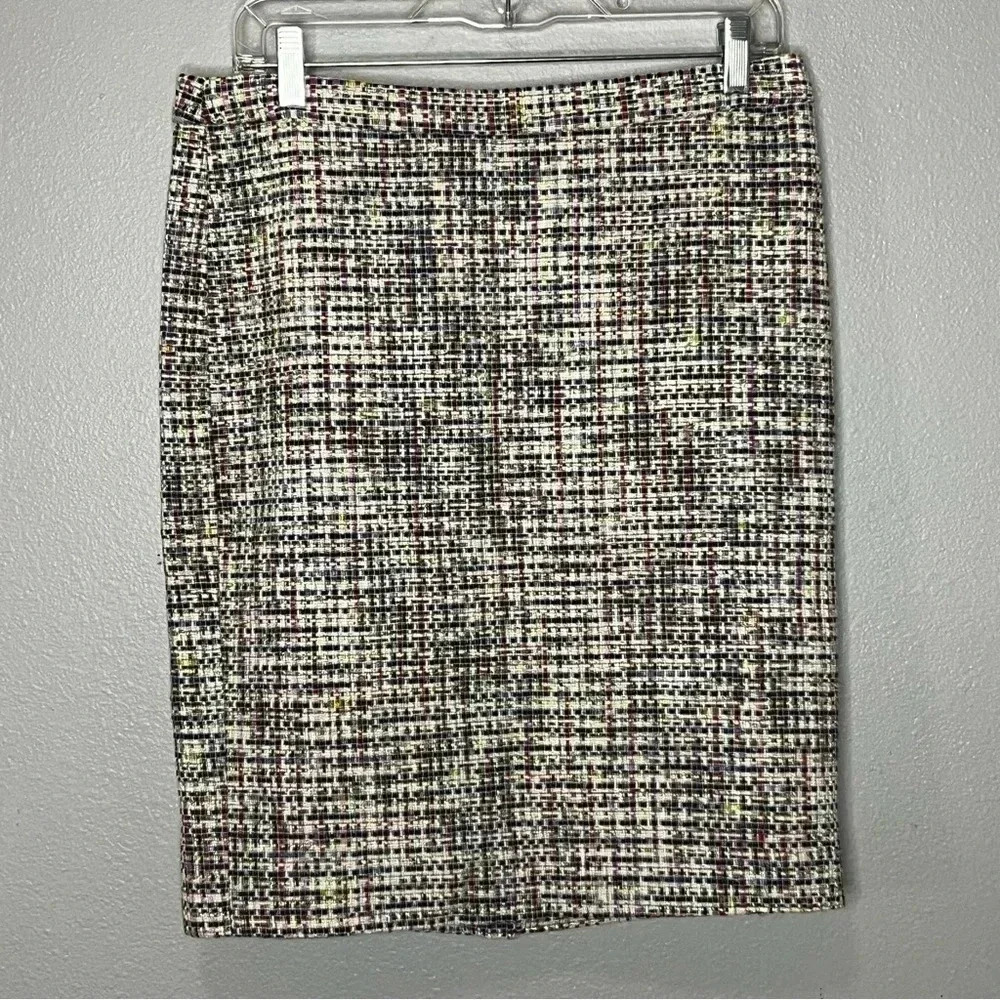 J Crew Tweed Skirt Women 8 White Multicolor Pencil Straight‎ Lined Career Midi